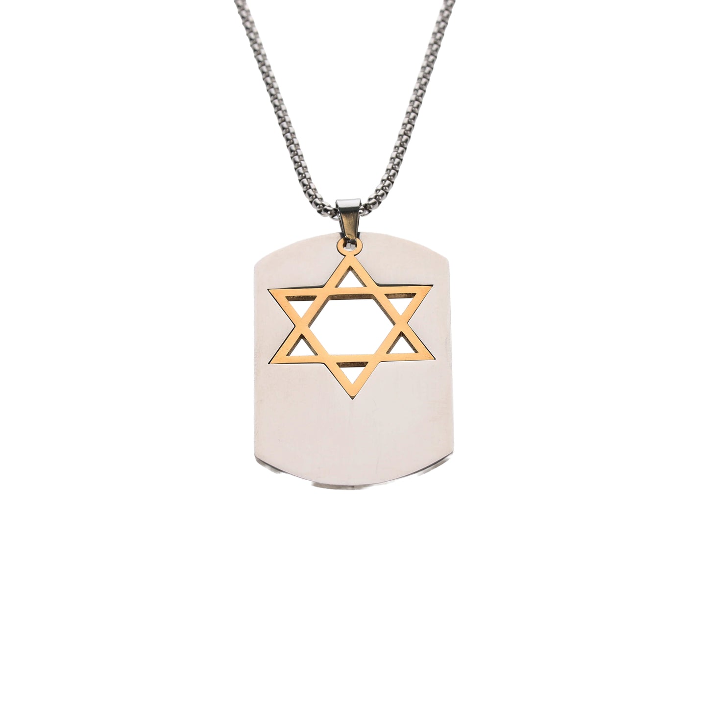 Silver dog tag necklace with a gold Magen David design