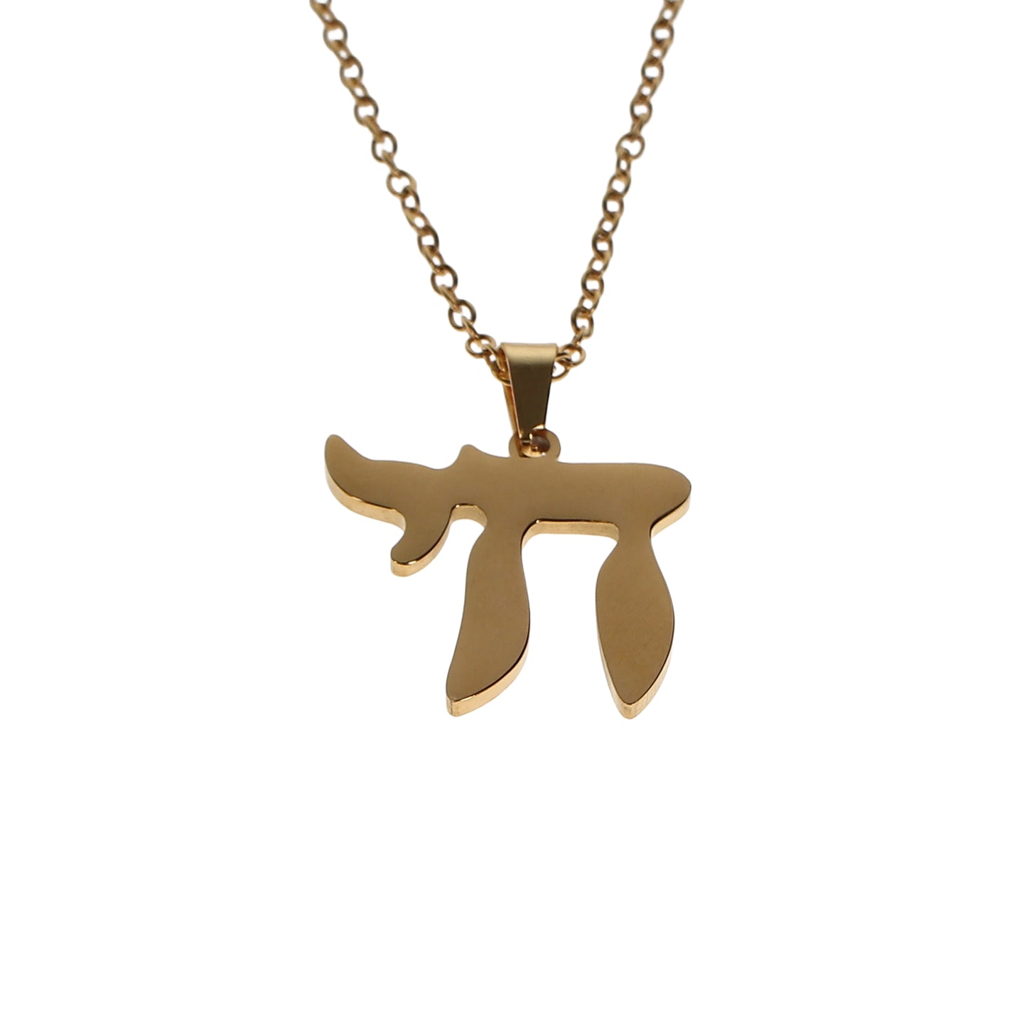 Stainless steel gold coloured Chai necklace symbolizing life, from The Mitzvah Project jewelry collection.